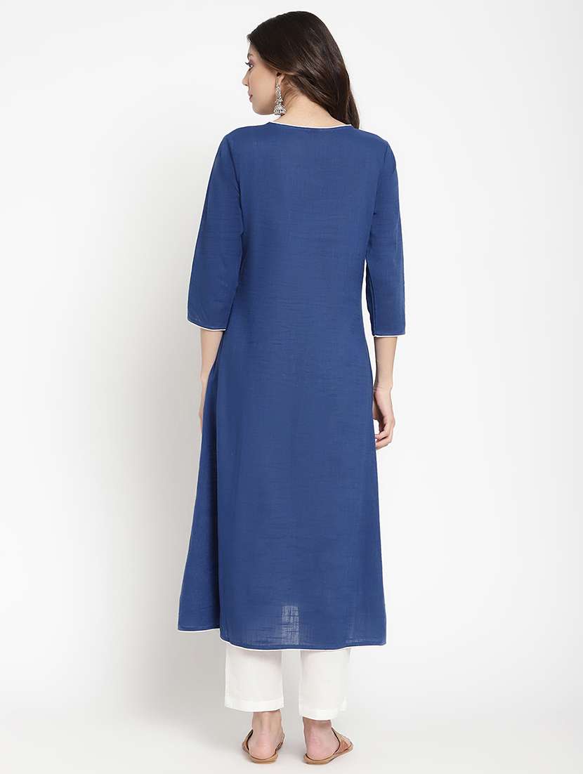 women blue embroidered three quarter sleeve a-line kurta - 21642024 - Standard Image - 3