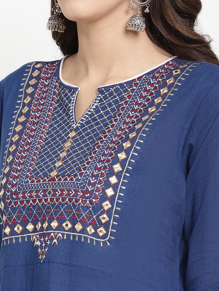 women blue embroidered three quarter sleeve a-line kurta - 21642024 - Standard Image - 5