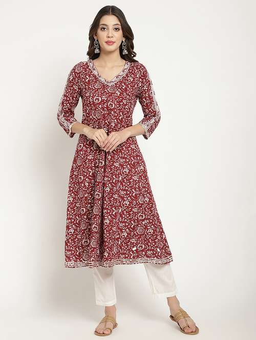 women floral printed three quarter sleeve a-line kurta - 21642028 -  Standard Image - 0