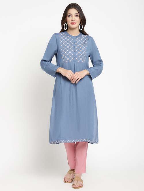 women embroidered three quarter sleeve straight kurta - 21642032 -  Standard Image - 0