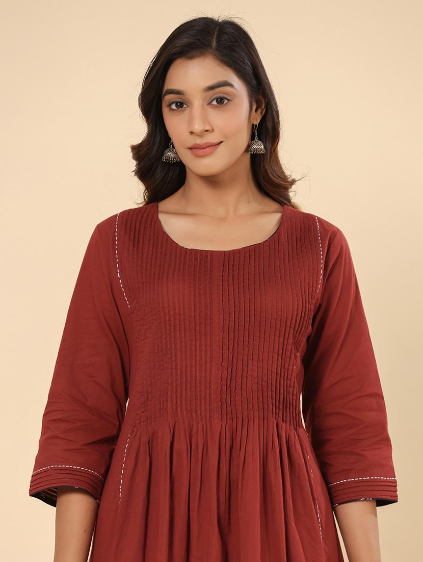 women solid three quarter sleeve a-line kurta - 21642075 - Standard Image - 5