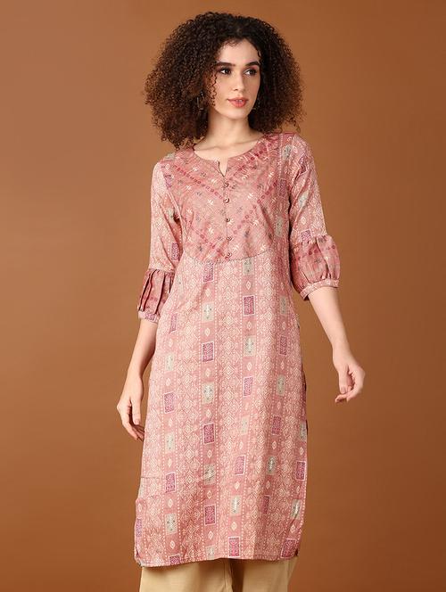 women peach printed notch neck straight kurta - 21642588 -  Standard Image - 0