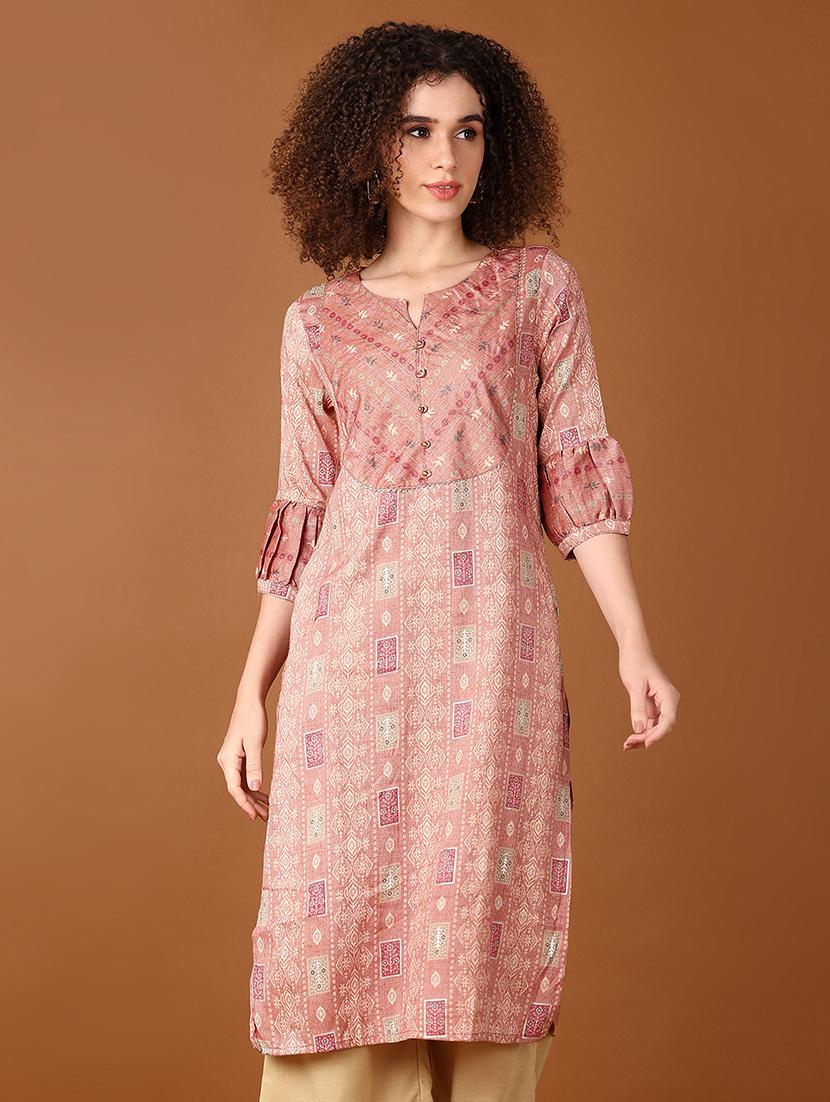 women peach printed notch neck straight kurta - 21642588 -  Zoom Image - 0