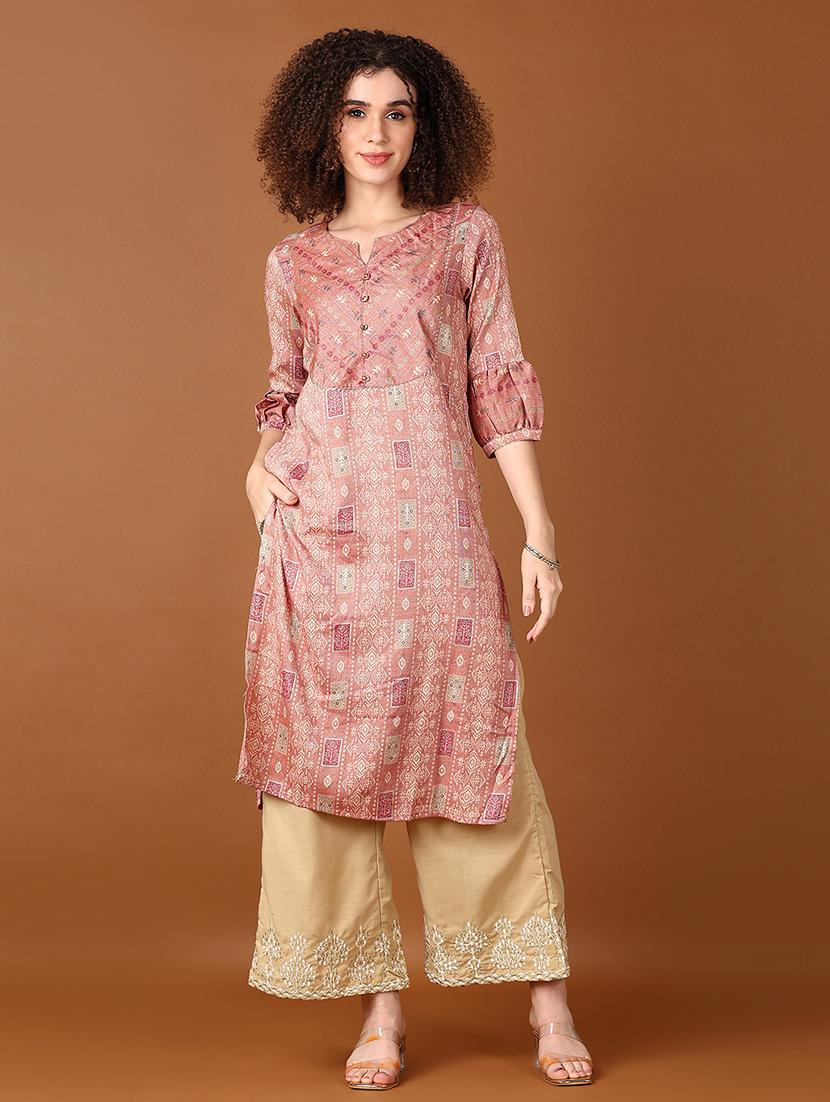 women peach printed notch neck straight kurta - 21642588 - Standard Image - 3
