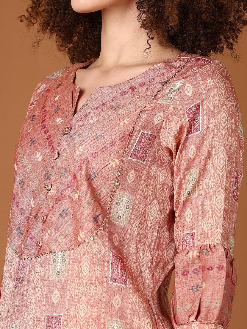 women peach printed notch neck straight kurta - 21642588 - Standard Image - 5
