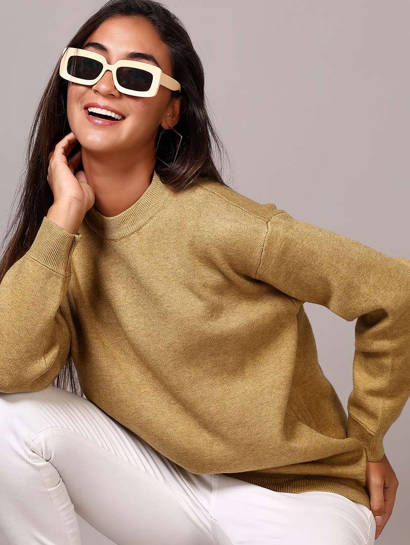 women beige solid crew neck long sleeve pullover - 21642662 -  Zoom Image - 0