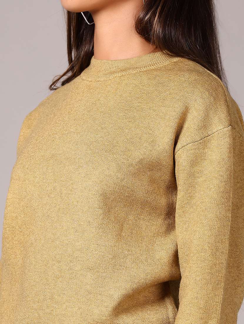 women beige solid crew neck long sleeve pullover - 21642662 -  Standard Image - 3