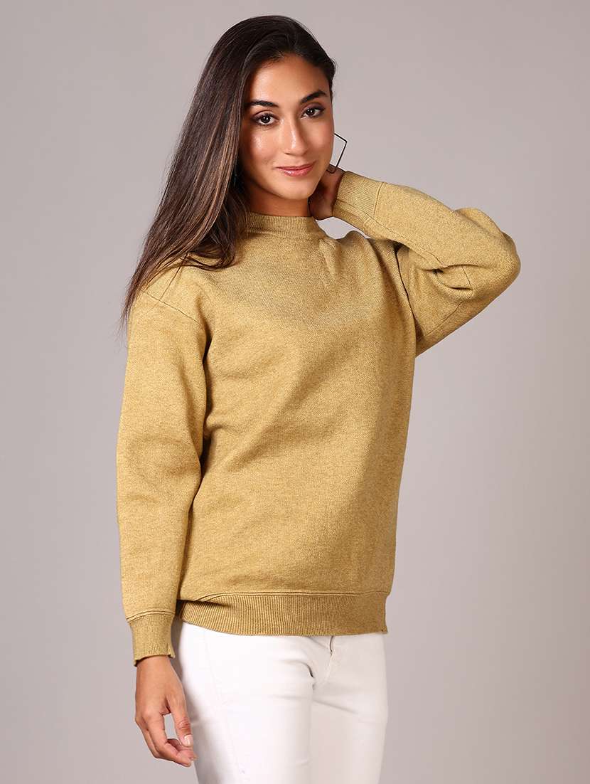 women beige solid crew neck long sleeve pullover - 21642662 -  Standard Image - 5
