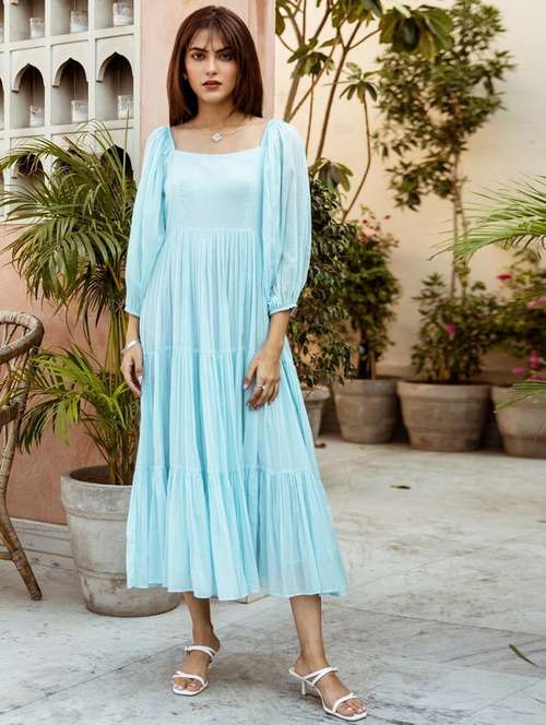 women solid puff sleeves tiered dress - 21642794 - Standard Image - 0