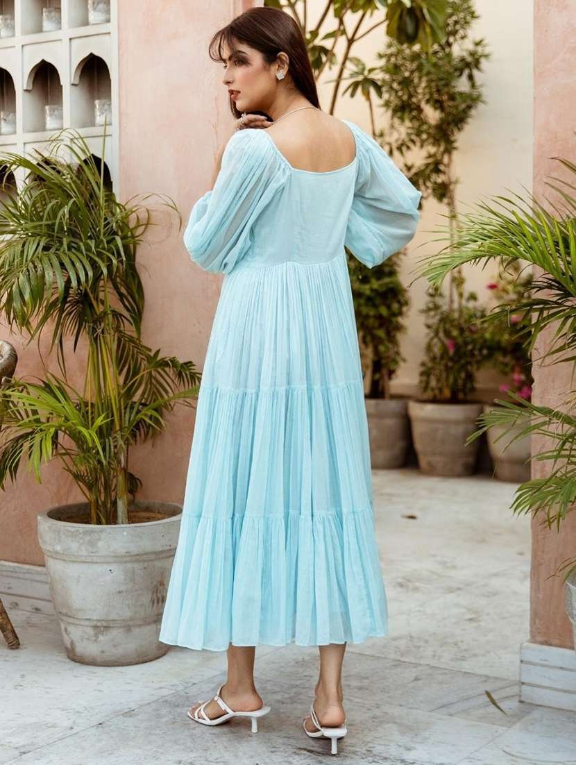 women solid puff sleeves tiered dress - 21642794 - Standard Image - 5