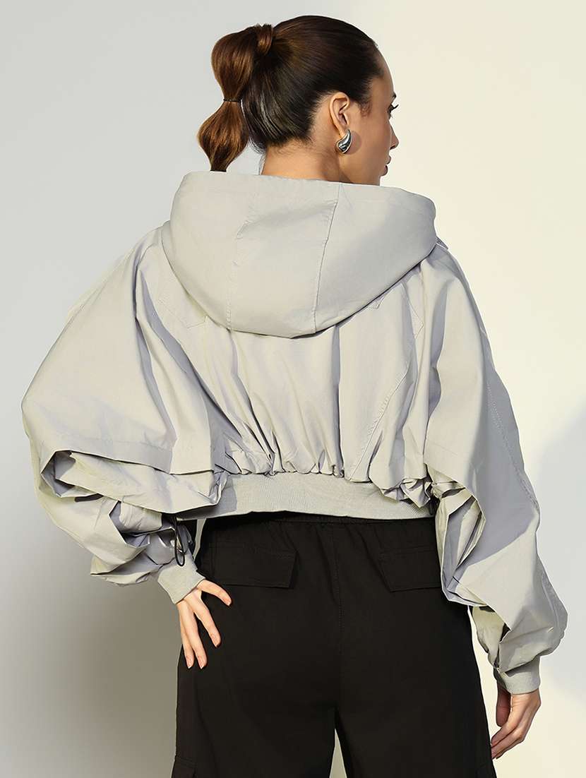 women solid hooded cropped windcheater jacket - 21643168 - Standard Image - 3