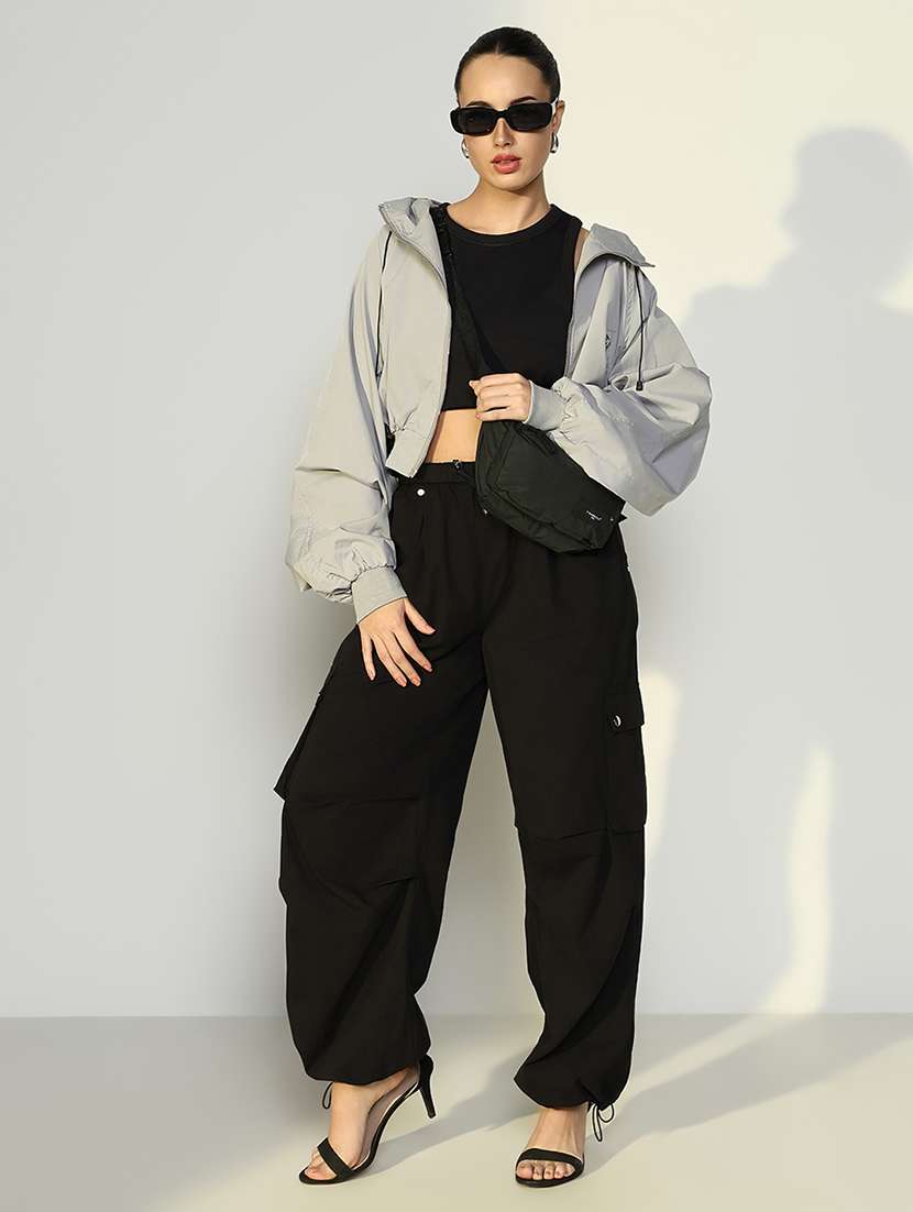 women solid hooded cropped windcheater jacket - 21643168 - Standard Image - 5