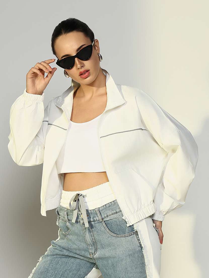 women solid long sleeves cropped windcheater jacket