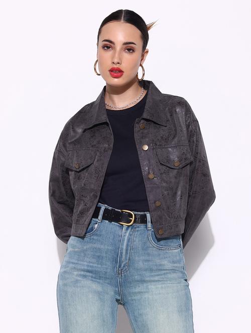 women grey printed long sleeve leather jacket - 21643175 - Standard Image - 0