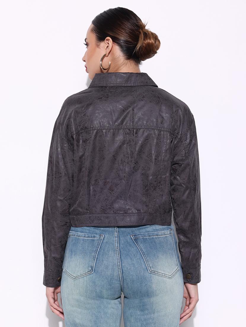 women grey printed long sleeve leather jacket - 21643175 - Standard Image - 3