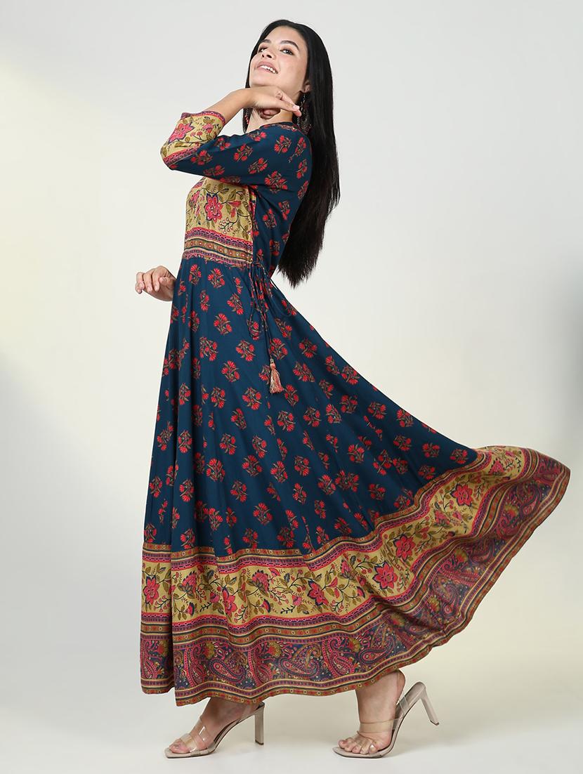 women teal floral printed anarkali kurta - 21643189 - Standard Image - 5