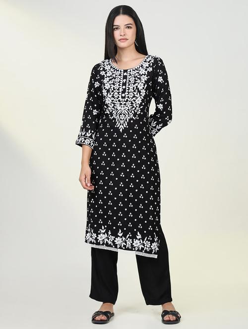 women three quarter sleeve straight chikankari kurta - 21643197 - Standard Image - 0