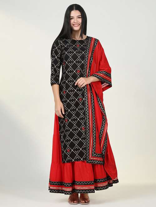 women geometric printed kurta skirt set with dupatta - 21643215 -  Standard Image - 0
