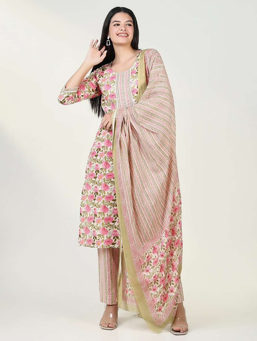 women three quarter sleeve kurta pant with dupatta set