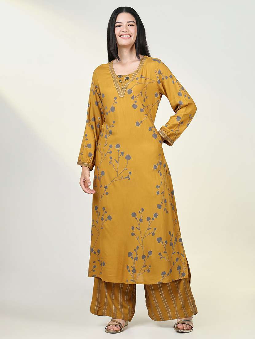 women mustard floral printed kurta palazzo set