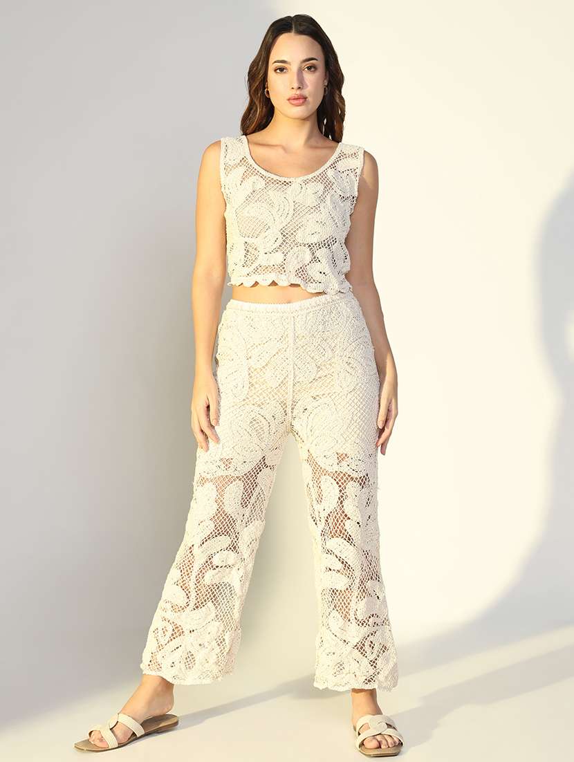 women crochet detailed top and trouser co-ord set