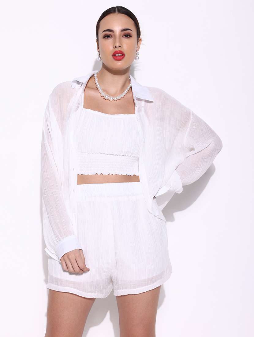 women solid top and shorts with shirt set - 21643294 -  Zoom Image - 0