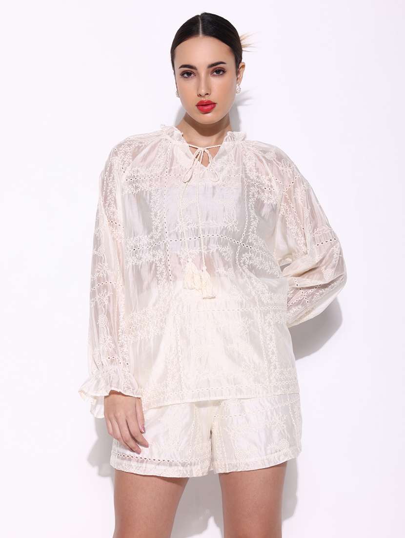 women lace deatiled top and shorts co-ord set - 21643298 -  Zoom Image - 0