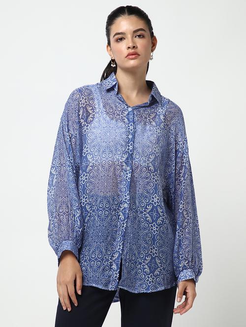 women printed collared oversized shirt - 21643307 - Standard Image - 0