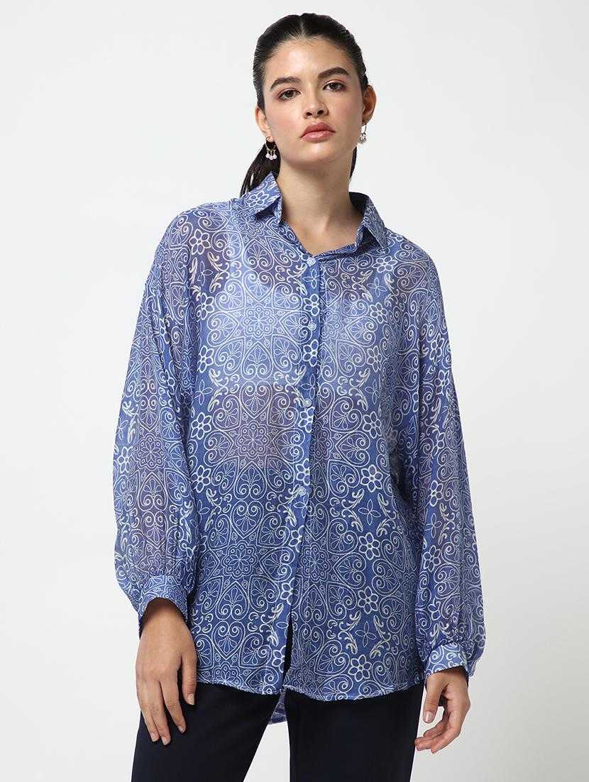 women printed collared oversized shirt - 21643307 - Zoom Image - 0