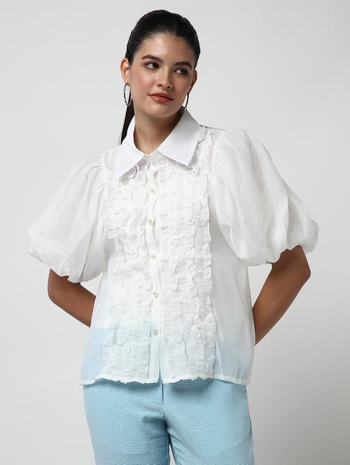 women solid collared puff sleeves shirt - 21643308 -  Standard Image - 0