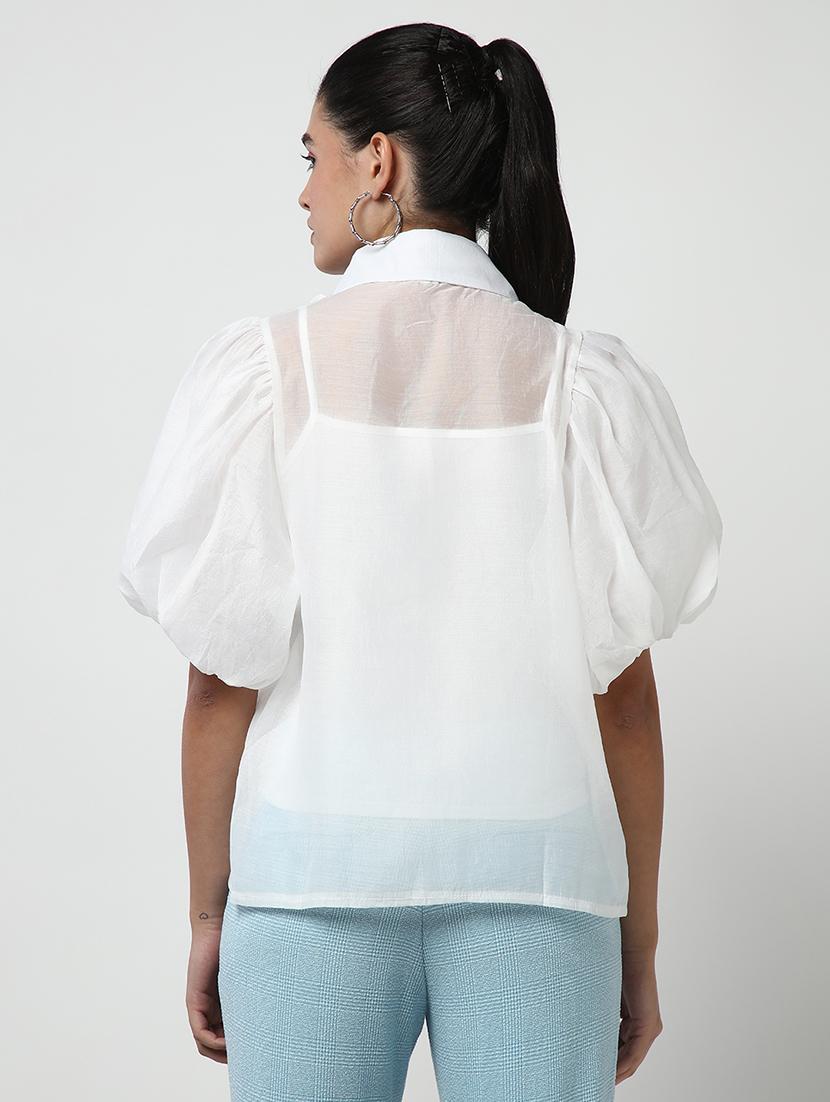 women solid collared puff sleeves shirt - 21643308 - Standard Image - 3