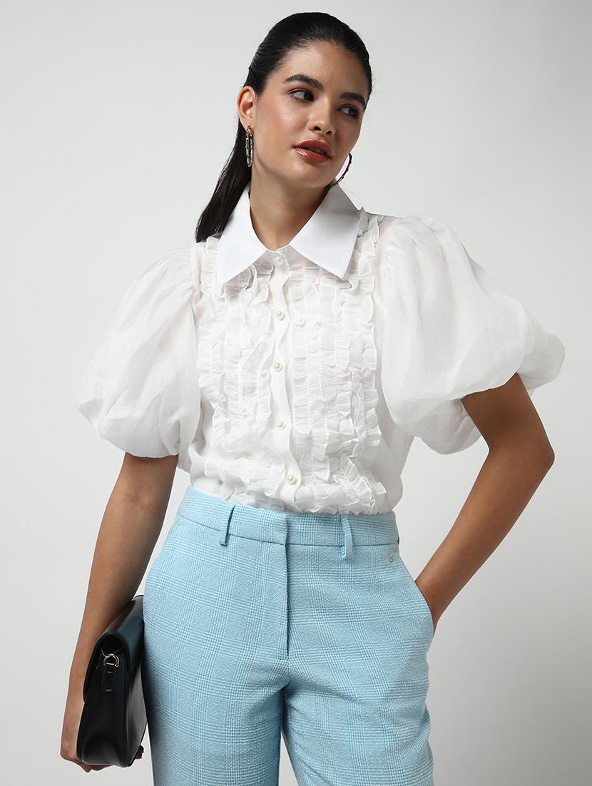 women solid collared puff sleeves shirt - 21643308 - Standard Image - 5