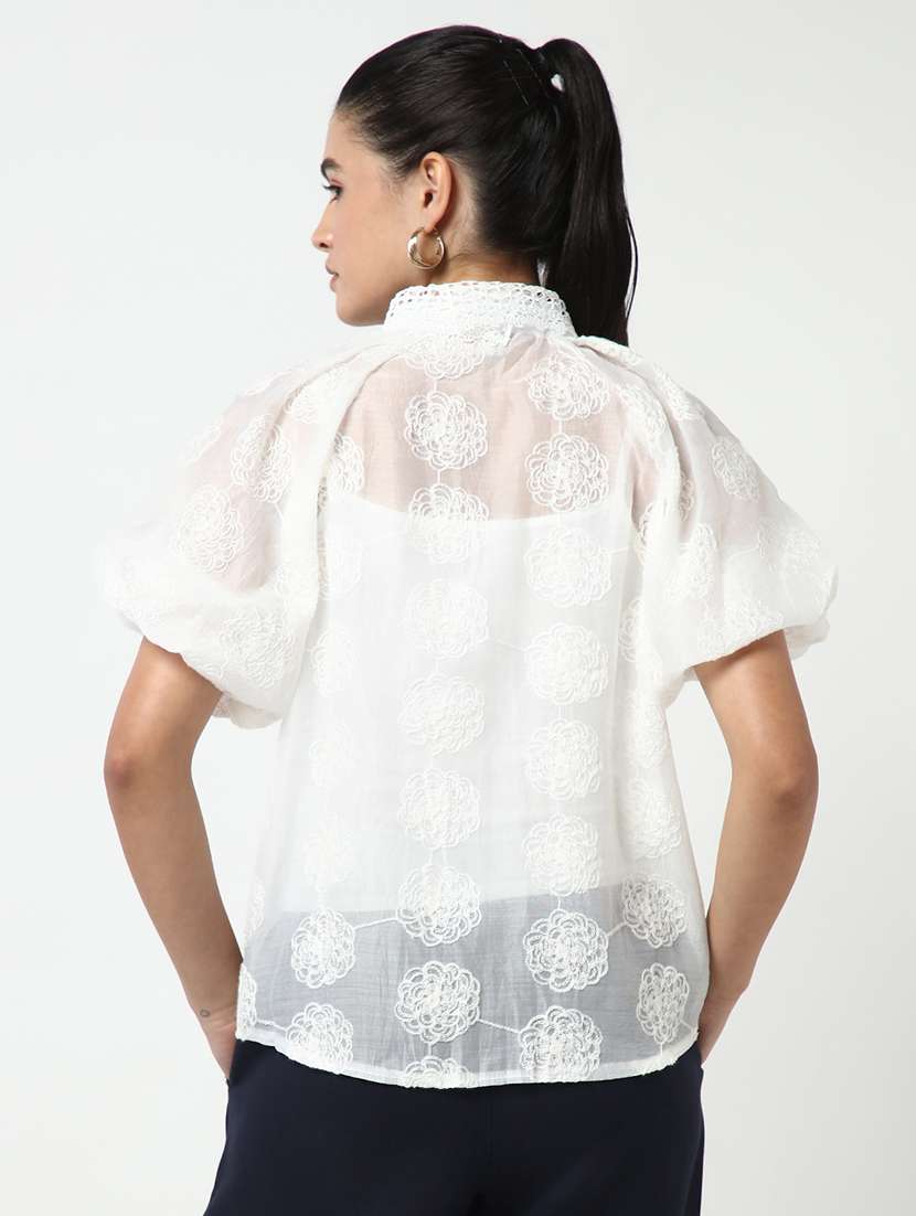 women lace deatiled collared puff sleeves shirt with slip - 21643309 -  Standard Image - 3