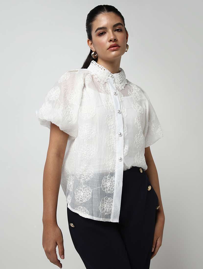 women lace deatiled collared puff sleeves shirt with slip - 21643309 -  Standard Image - 5