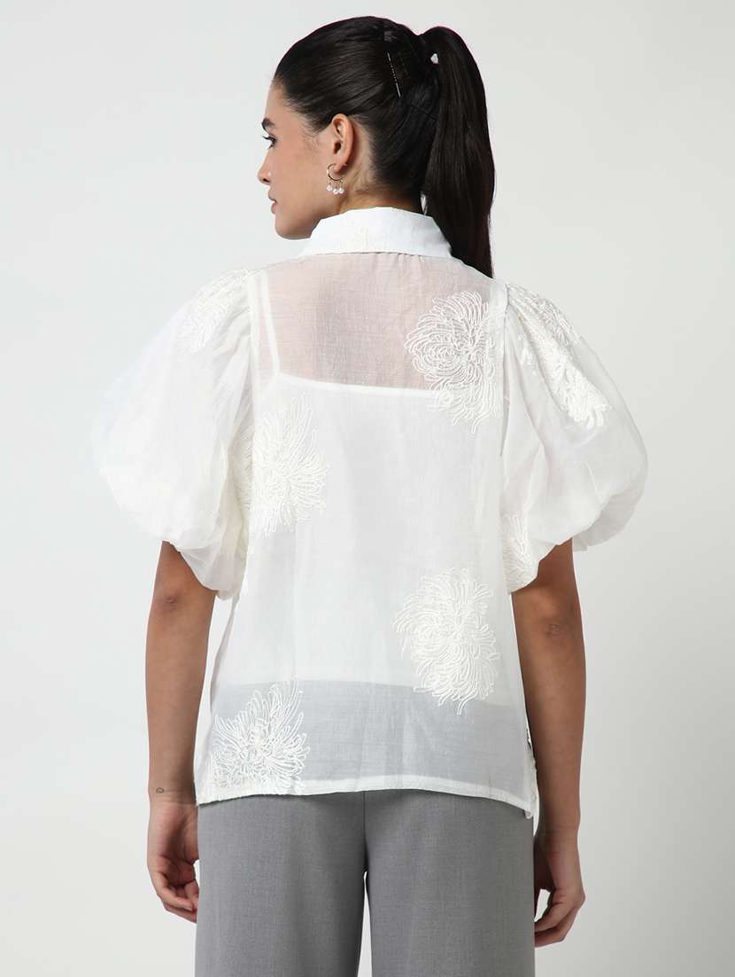 women embroidered collared puff sleeves shirt with slip - 21643315 -  Standard Image - 3