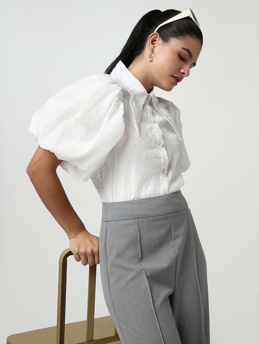 women embroidered collared puff sleeves shirt with slip - 21643315 -  Standard Image - 5