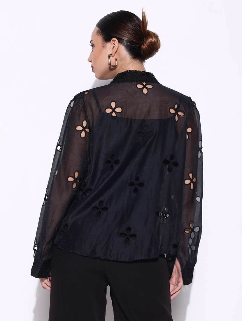 women lace detailed collared puff sleeves shirt with slip - 21643317 -  Standard Image - 3