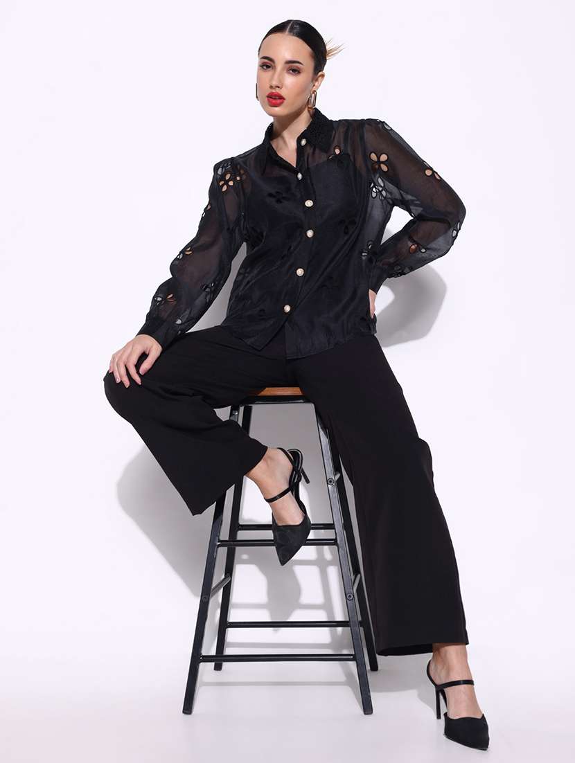 women lace detailed collared puff sleeves shirt with slip - 21643317 -  Standard Image - 5