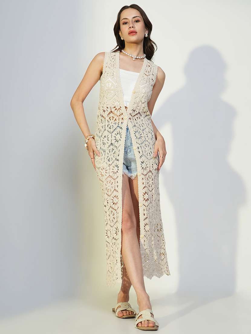 women crochet detailed sleeveless long shrug