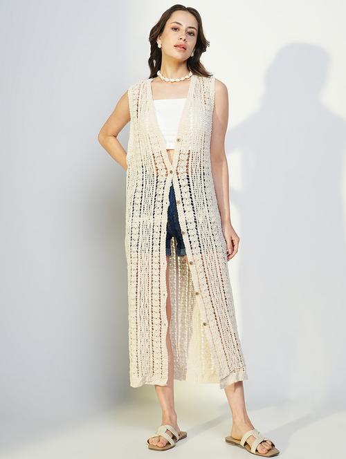 women crochet detailed sleeveless long shrug - 21643327 -  Standard Image - 0