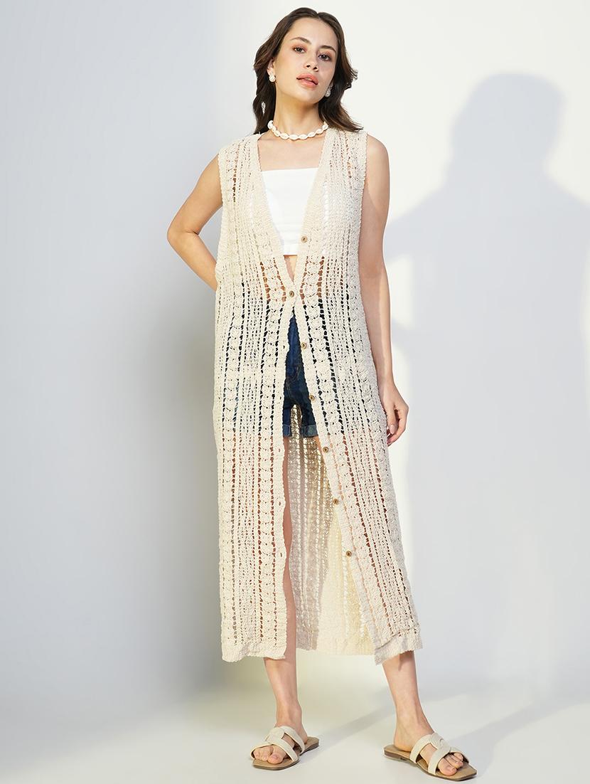 women crochet detailed sleeveless long shrug - 21643327 -  Zoom Image - 0