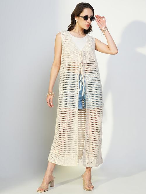 women crochet detailed sleeveless long shrug - 21643329 -  Standard Image - 0
