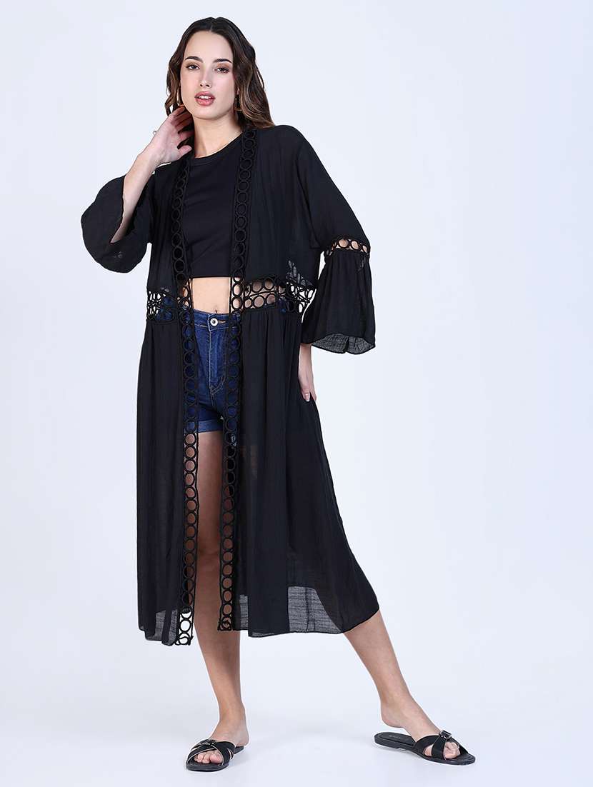 women lace detailed sleeveless long shrug