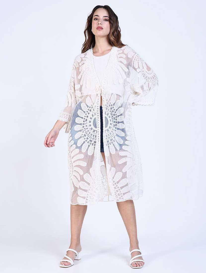 women lace detailed sleeveless long shrug