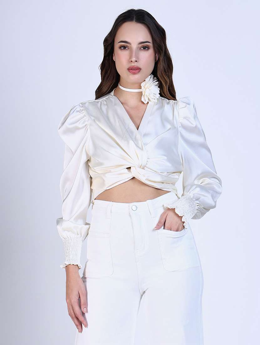 women solid puff sleeves regular top