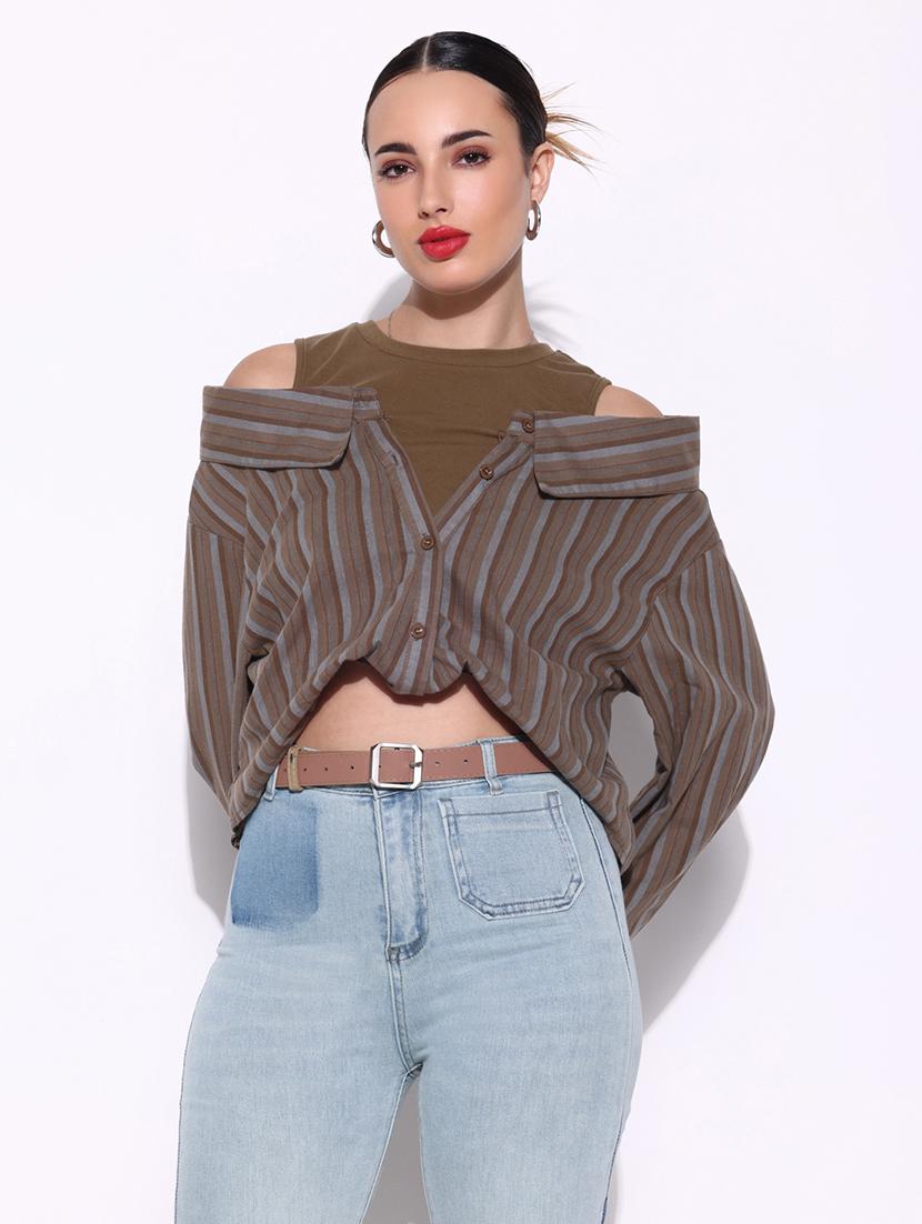 women brown stripes long sleeve shirt top - 21643402 - Zoom Image - 0