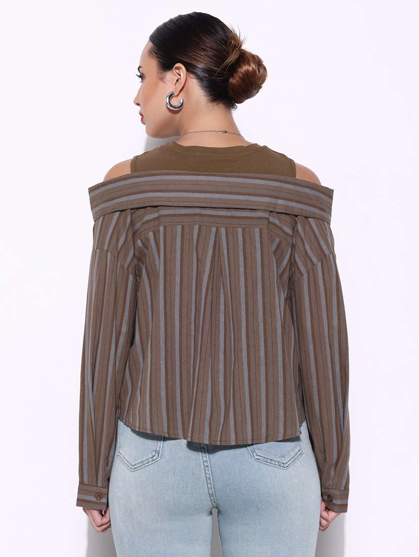 women brown stripes long sleeve shirt top - 21643402 - Standard Image - 3
