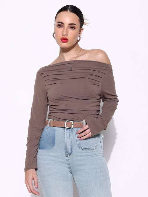 women solid off shoulder long sleeves top - 21643409 -  Standard Image - 0