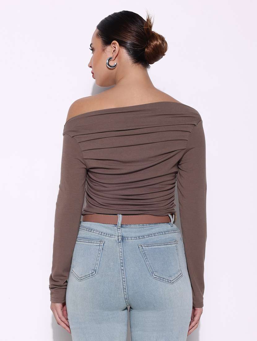 women solid off shoulder long sleeves top - 21643409 -  Standard Image - 3