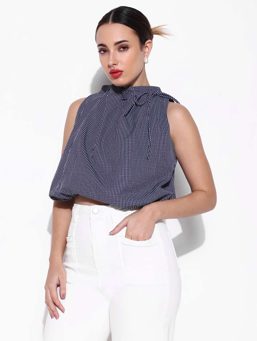 women blue checks sleeveless blouson top - 21643411 - Zoom Image - 0